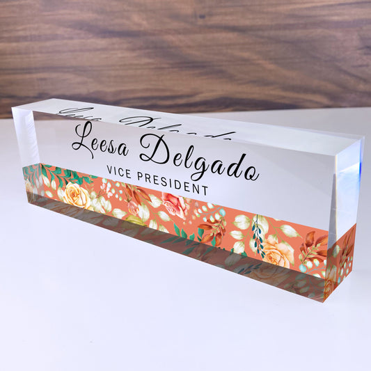 Personalized Desk Name Plate| Flower Stripe Design Office Desk Decor On Clear Acrylic Glass | Custom Nameplate Sign | Personalized Gift
