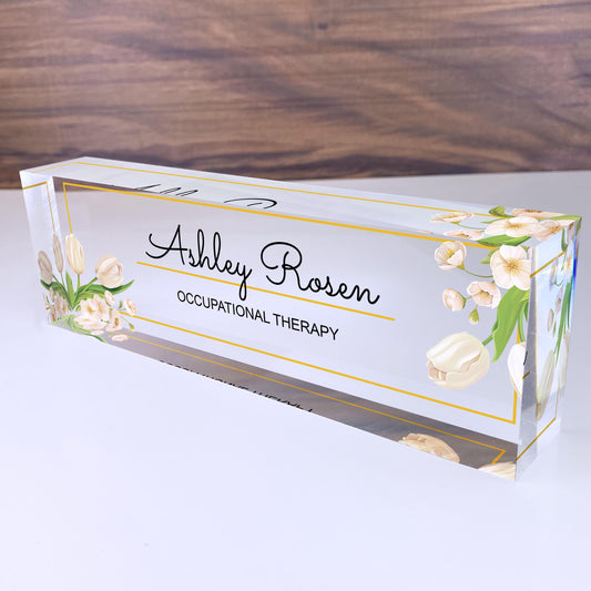 Personalized Name Plate for Desk | Flowers white Design On Clear Acrylic Glass | Custom Office Decor Nameplate Sign | Personalized Gift