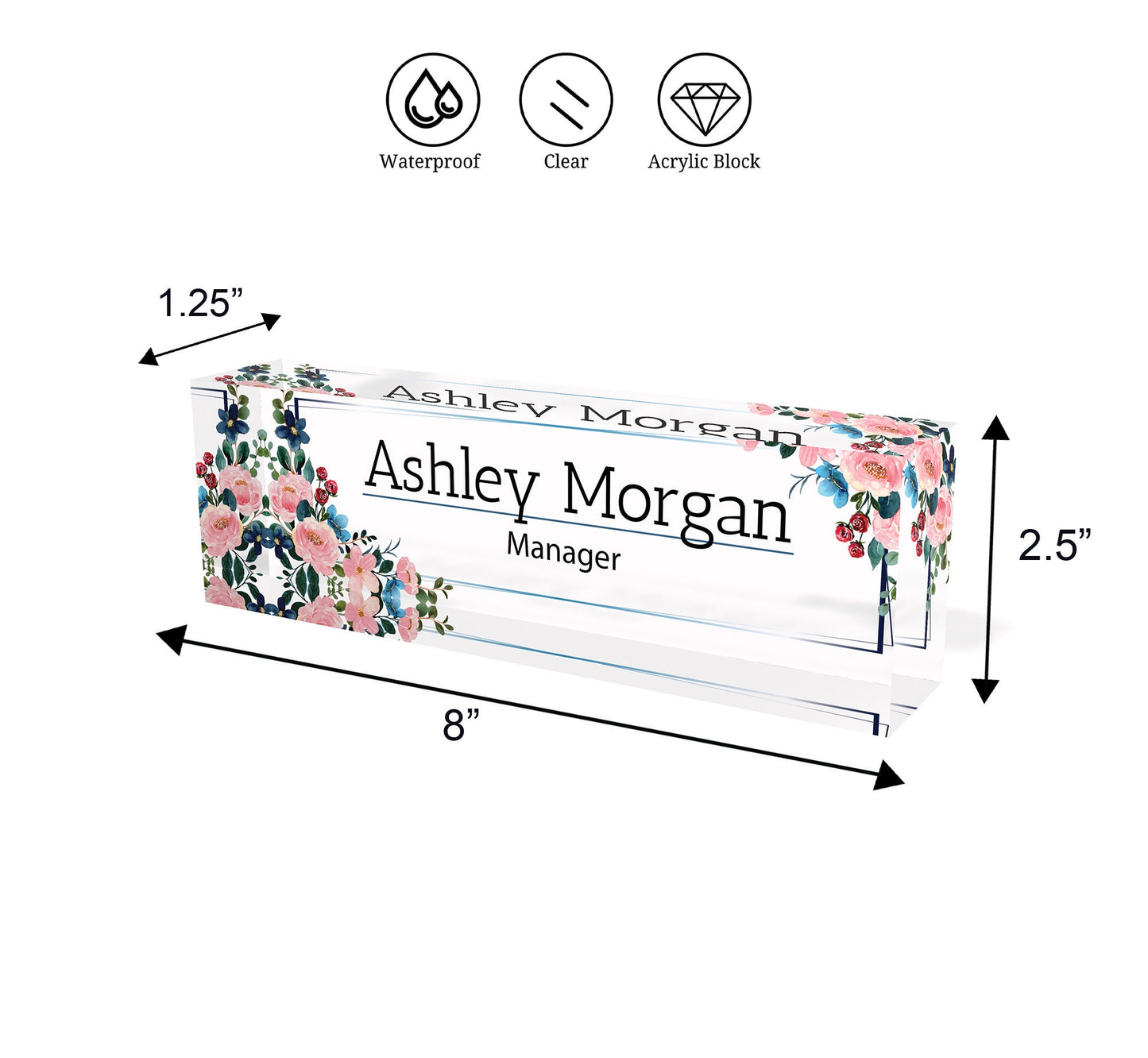 Floral acrylic name block for desk, Womens personalized desk name plate, Nameplate for colleague, Office desk sign, Flower desk plaque