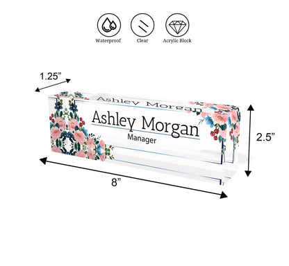 Floral acrylic name block for desk, Womens personalized desk name plate, Nameplate for colleague, Office desk sign, Flower desk plaque