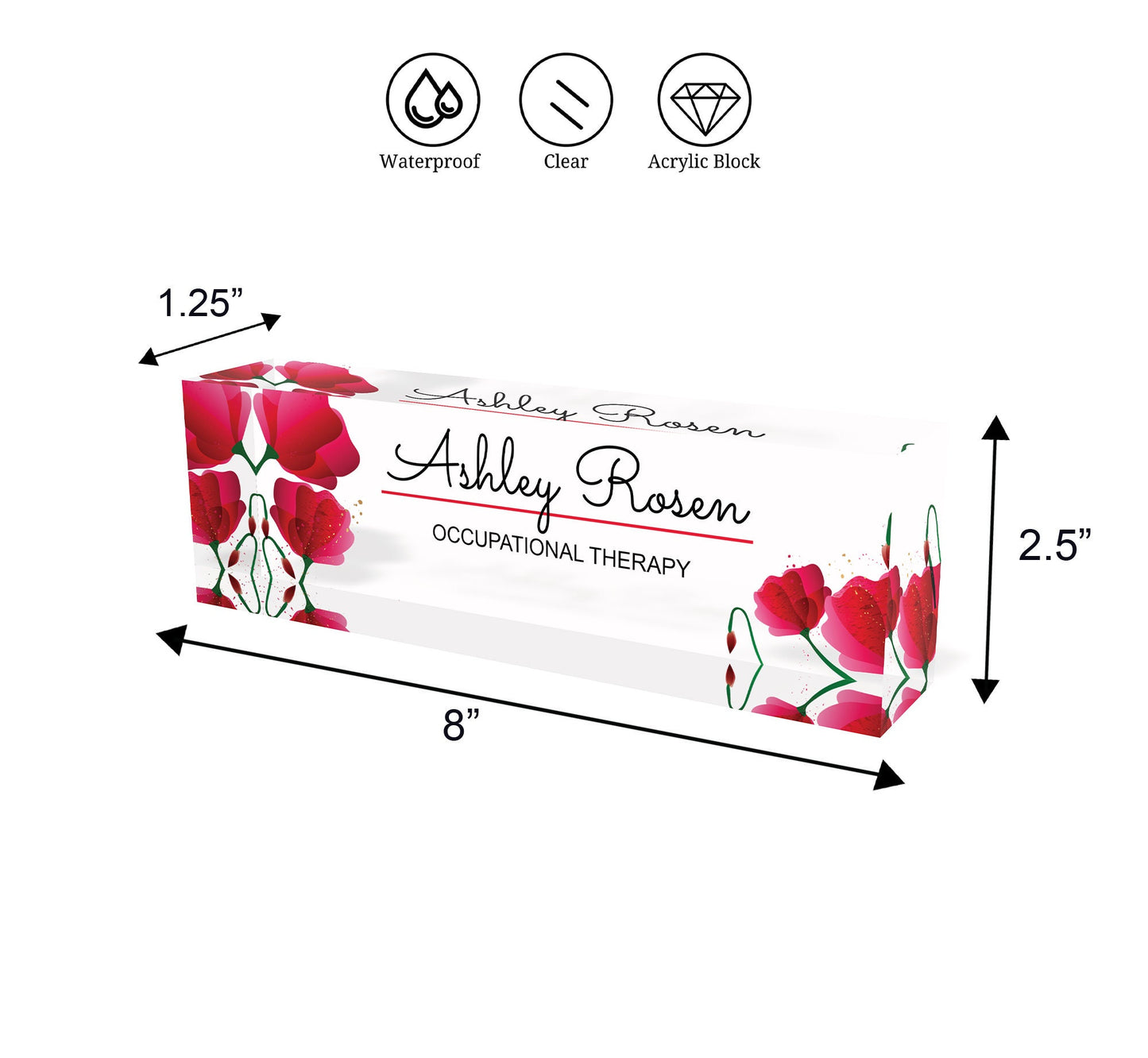 Personalized name plate, office desk gifts, name plate for graduation, glass acrylic, name plaque, nurse gift, gift new office, flower red