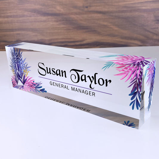 Personalized Name Plate for Desk | Leaf Purple Design On Clear Acrylic Glass | Custom Office Decor Nameplate Sign | Personalized Gift