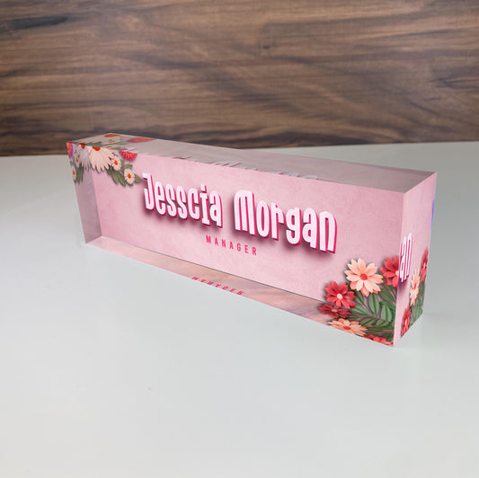 Desk 3D Name Plate, Acrylic Desk Name Plate for Women, Custom Desk Plaque, Professional Gift for Boss, Office Gifts Cherry Floral 3D Text