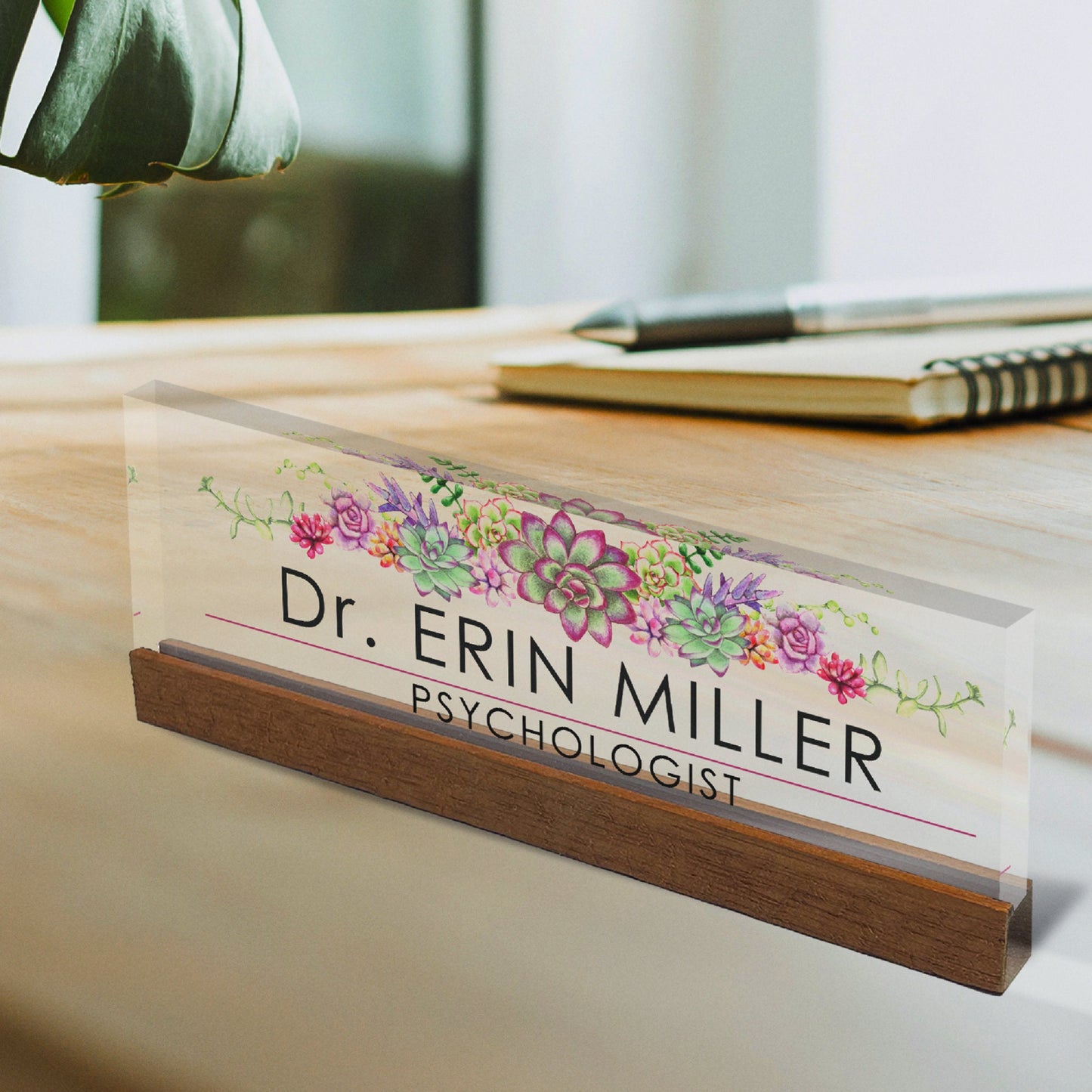 Personalized Office Desk Name Plate + Business Card Holder Customized Clear Acrylic Glass with Teak Wood Stand Succulent Flowers Design