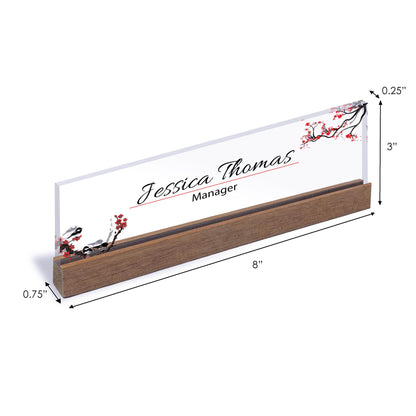 Personalized Office Name Plate for Desk, Christmas Flower Design On Clear Acrylic Glass, Office Desk Decor, Birthday Gift Desk Name