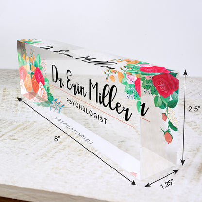 Personalized Name Plate for Desk | Mixed Flowers Design On Clear Acrylic Glass | Custom Office Decor Nameplate Sign | Personalized Gift
