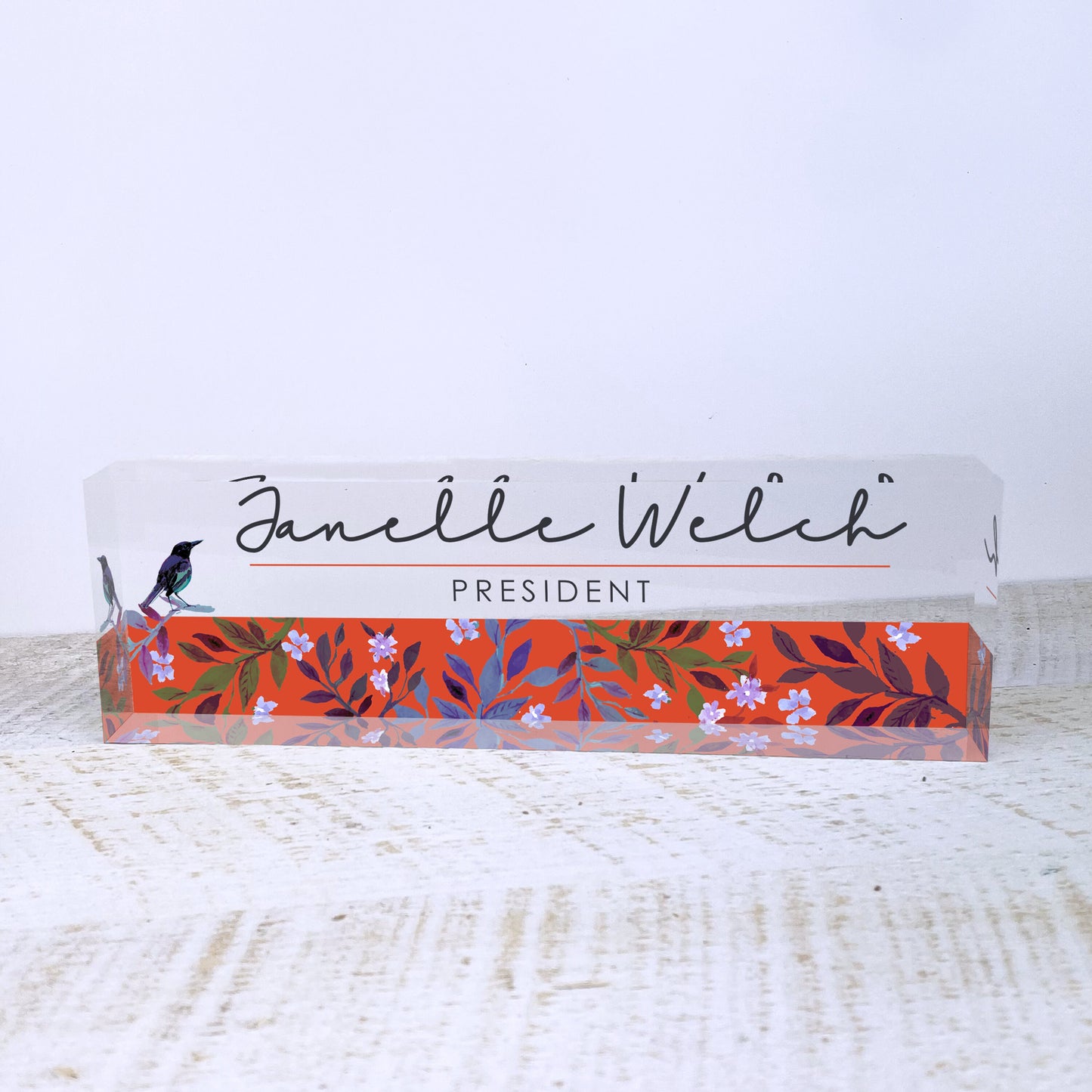 Personalized Name Plate for Desk | Bird Singing Design On Clear Acrylic Glass | Custom Office Decor Nameplate Sign | Personalized Gift