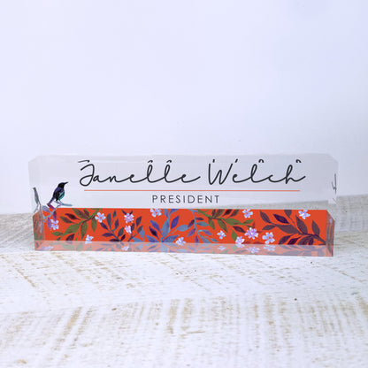 Personalized Name Plate for Desk | Bird Singing Design On Clear Acrylic Glass | Custom Office Decor Nameplate Sign | Personalized Gift