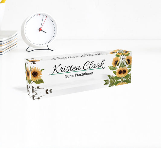 Artblox - Personalized desk acrylic plaque with wooden base, custom office decor nameplate sign, desk sign, gift for women sunflower
