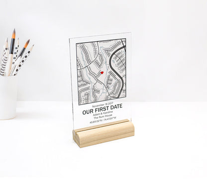 Personalized gift acrylic map our first date, home with glass stand for mother, wife, girlfriend, husband, boyfriend, christmas
