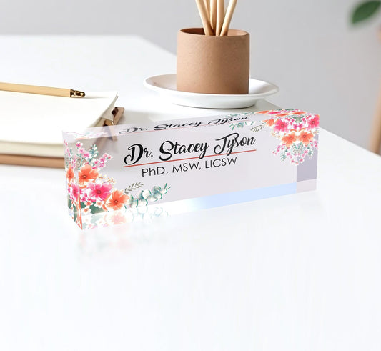 Flower Custom Name Plate for Desk, Customized Acrylic Plate Gift for Teacher Co-workers Gifts, Office Decor, Desk Nameplate, Desk Name Sign
