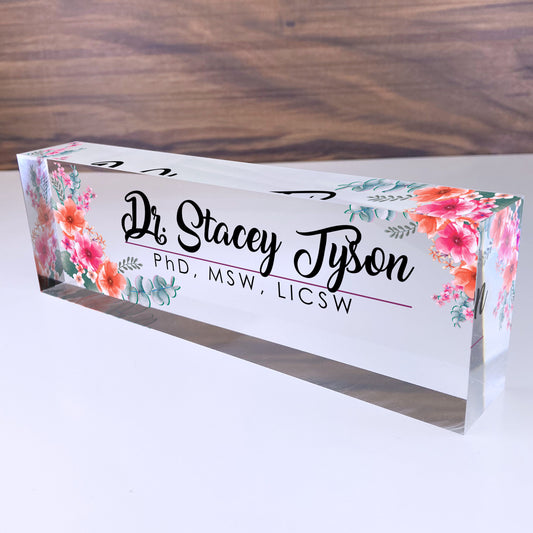 Personalized Name Plate for Desk | Flowers Wild Design On Clear Acrylic Glass | Custom Office Decor Nameplate Sign | Personalized Gift