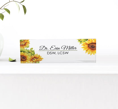 Personalized Name Plate for Desk, Sunflowers Design On Clear Acrylic Glass, Custom Office Decor Nameplate Sign, Personalized Gift