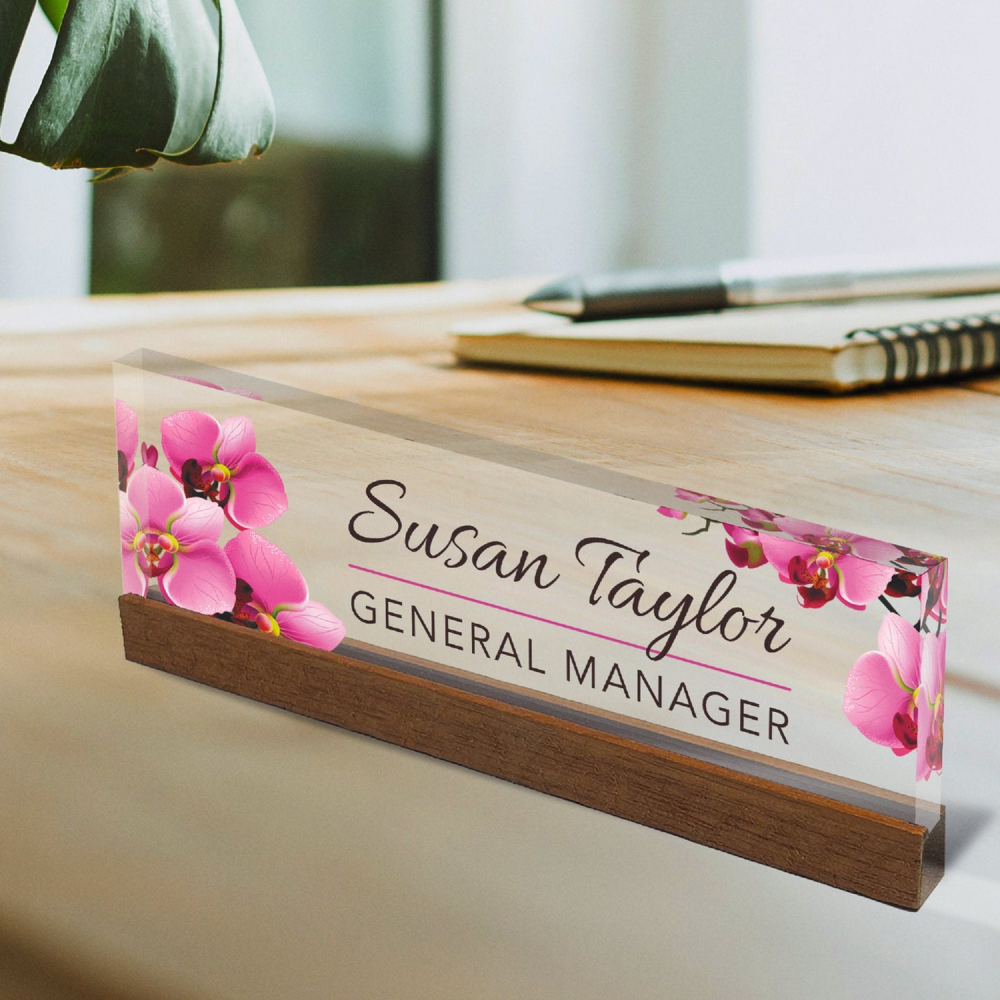 Personalized Office Desk Name Plate + Business Card Holder Customized Clear Acrylic Glass with Teak Wood Stand Orchids Flowers Design