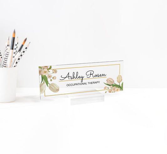 Personalized name plate for desk | tulip flower design on clear acrylic glass | custom office nameplate sign | personalized gift - ARTBLOX