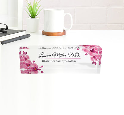 Personalized Name Plate with Wooden Base for Desk | Custom Office Decor Gift for Coworker, Pink Fower Design On Clear Acrylic