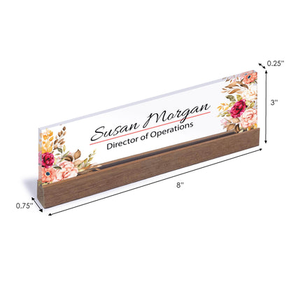 Personalized Name Plate for Desk for Modern Office Business Decor Flowers Wild Design Sign on Clear Acrylic Glass with Wooden Stand