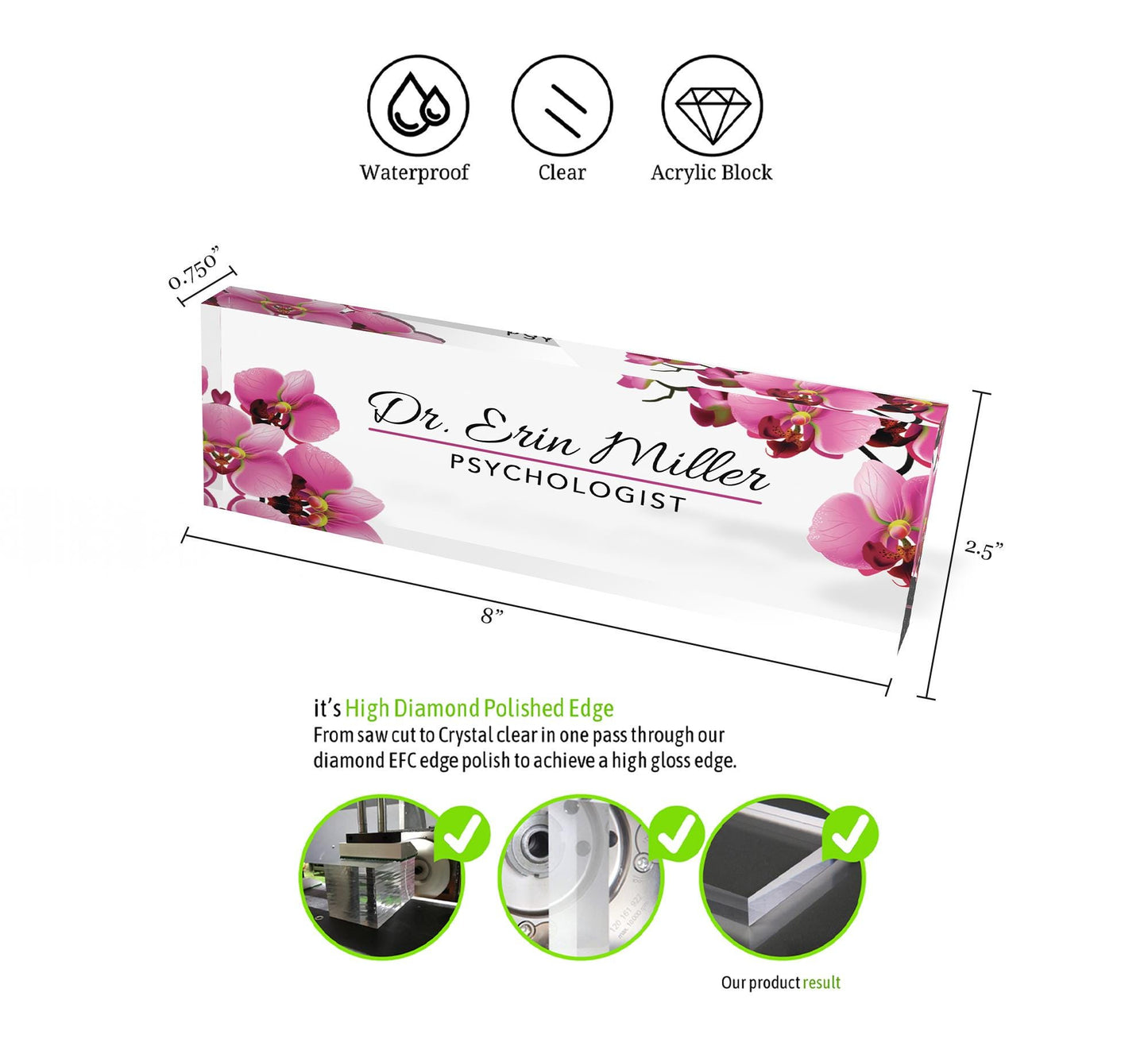 Artblox Office Desk Name Plate Personalized | Custom Name Plates for Desks | Flowers Designs On Clear Acrylic Glass | Orchid - 0.750"