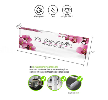 Artblox Office Desk Name Plate Personalized | Custom Name Plates for Desks | Flowers Designs On Clear Acrylic Glass | Orchid - 0.750"