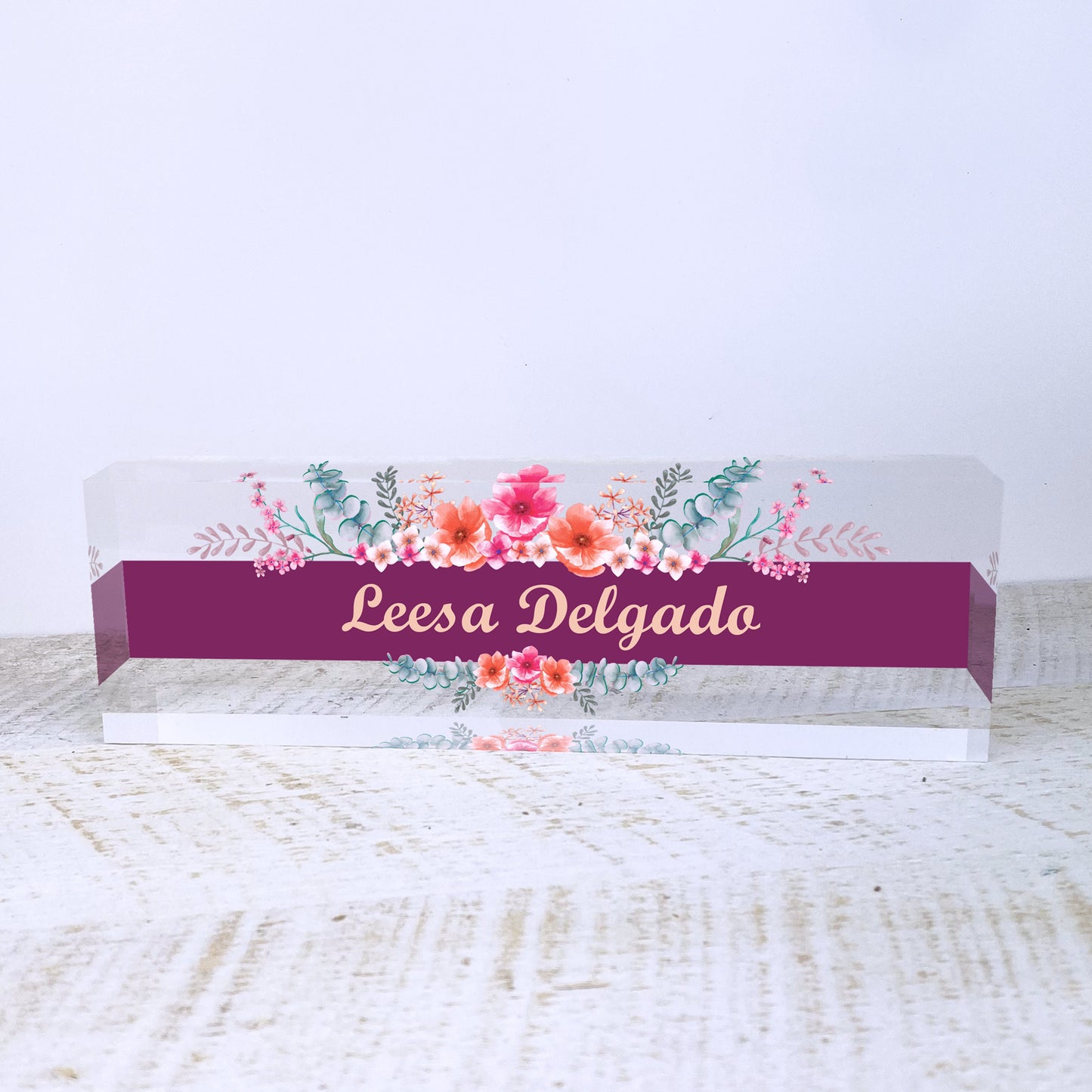 Personalized Name Plate for Desk | Wild Flowers Design On Clear Acrylic Glass | Custom Office Decor Nameplate Sign | Personalized Gift