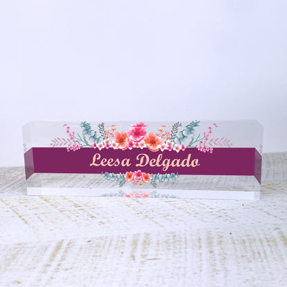 Personalized Name Plate for Desk | Wild Flowers Design On Clear Acrylic Glass | Custom Office Decor Nameplate Sign | Personalized Gift