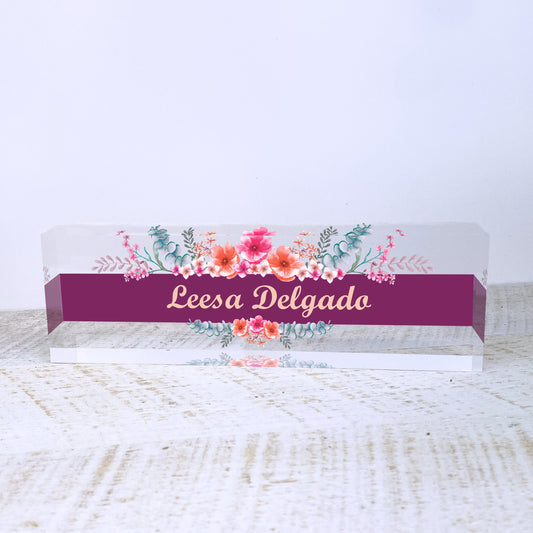 Personalized Name Plate for Desk | Wild Flowers Design On Clear Acrylic Glass | Custom Office Decor Nameplate Sign | Personalized Gift