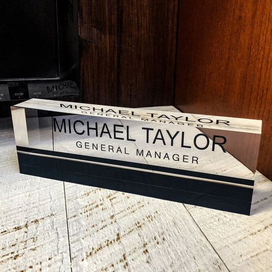 Artblox Personalized Office Name Plate For Desk | Black Stripe Design On Clear Acrylic Glass | Cute Office Desk Accessories Customized Gifts