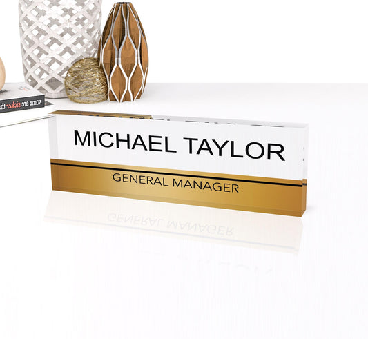 ARTBLOX - Desk Plaque, Acrylic Name Plate Gold Strip, Teacher Name Plate, Personalized Name Sign Acrylic Plaque, Office Decor 0.750" Thick
