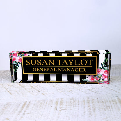 Personalized Desk Name Plate For Office Desk Gold Stripe Design On Acrylic Glass Cute Work Promotion Christmas Customized Gifts Office Decor