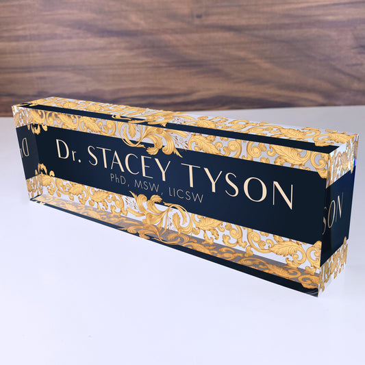 Personalized Name Plate for Desk | Leaf Gold Design On Clear Acrylic Glass | Custom Office Decor Nameplate Sign | Personalized Gift