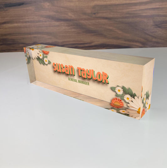 Personalized Name Plate for Desk, Bloom Floral Design On Clear Acrylic Glass, Custom Office Decor Nameplate Sign, Personalized Gift