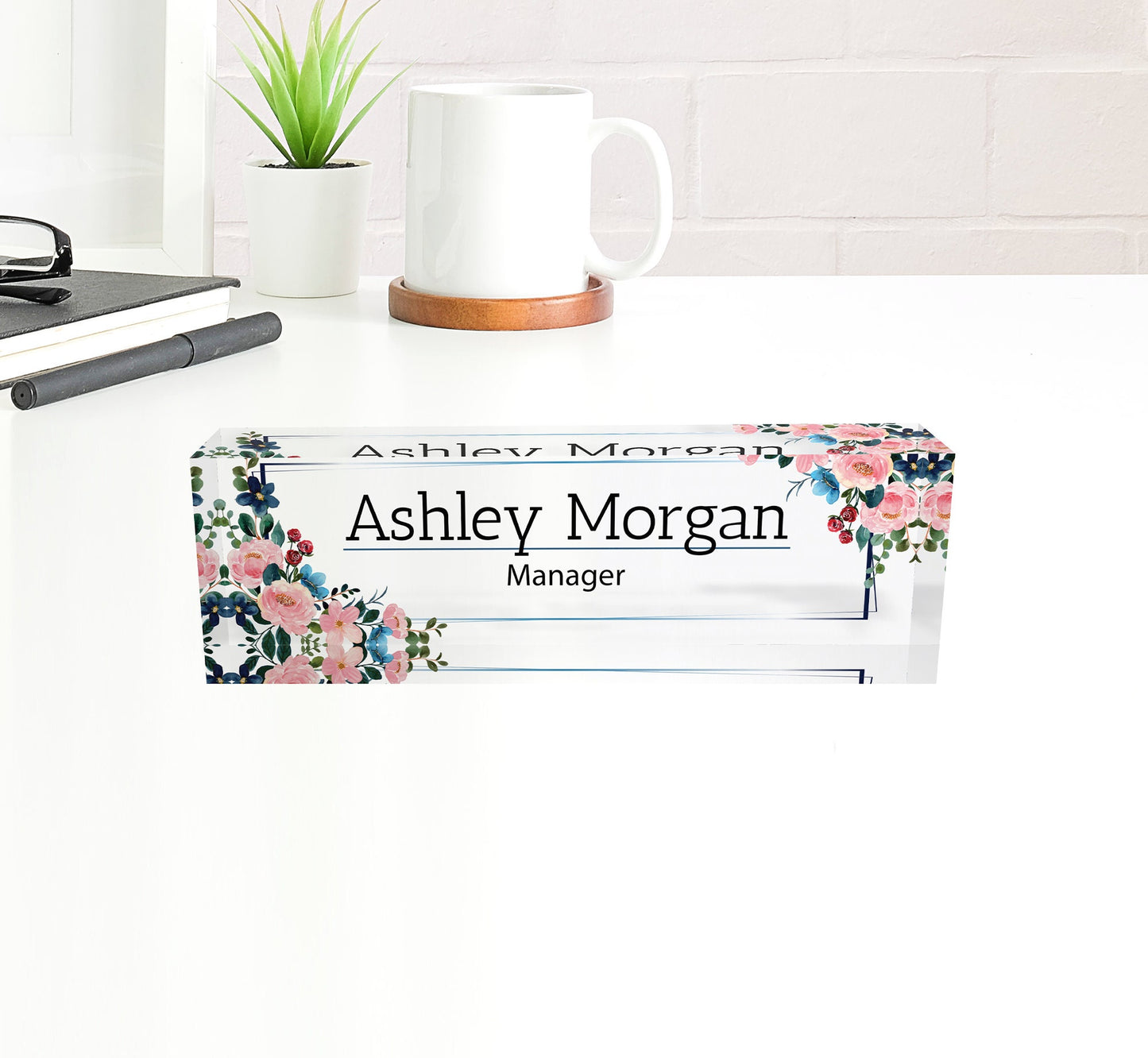 Floral acrylic name block for desk, Womens personalized desk name plate, Nameplate for colleague, Office desk sign, Flower desk plaque