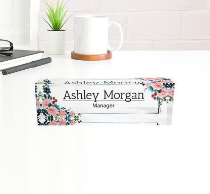 Floral acrylic name block for desk, Womens personalized desk name plate, Nameplate for colleague, Office desk sign, Flower desk plaque