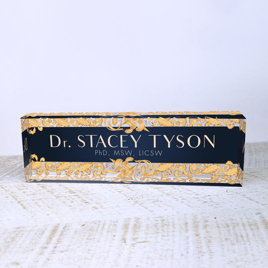 Personalized Name Plate for Desk | Leaf Gold Design On Clear Acrylic Glass | Custom Office Decor Nameplate Sign | Personalized Gift