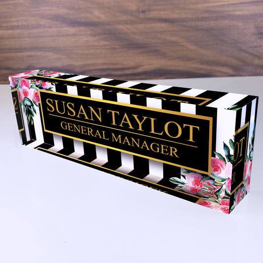 Personalized Desk Name Plate For Office Desk Gold Stripe Design On Acrylic Glass Cute Work Promotion Christmas Customized Gifts Office Decor