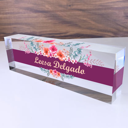 Personalized Name Plate for Desk | Wild Flowers Design On Clear Acrylic Glass | Custom Office Decor Nameplate Sign | Personalized Gift