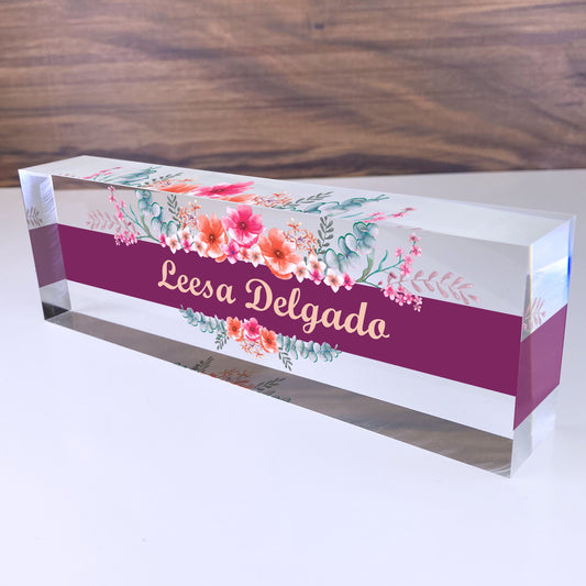 Personalized Name Plate for Desk | Wild Flowers Design On Clear Acrylic Glass | Custom Office Decor Nameplate Sign | Personalized Gift
