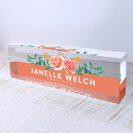 Personalized Name Plate for Desk | Orange Roses Design On Clear Acrylic Glass | Custom Office Decor Nameplate Sign | Personalized Gift