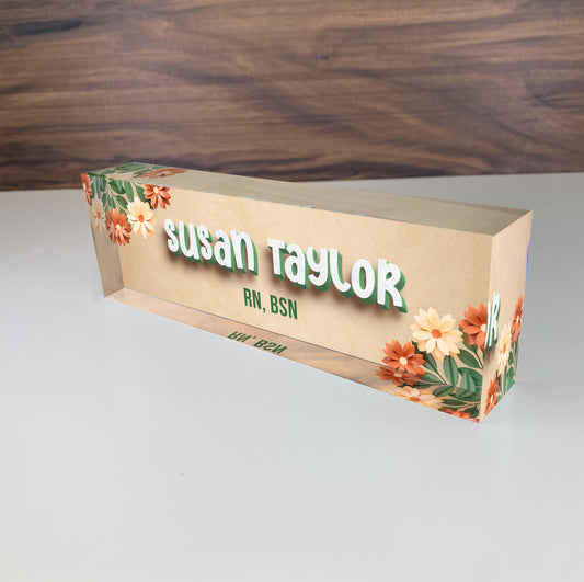 3D Personalized Acrylic Name Plate Desk Sign Plaque Customized Acrylic Plate Gift for Teacher Co-workers Spring Floral
