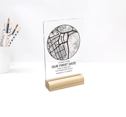 Personalized gift acrylic map our first date, home with glass stand for mother, wife, girlfriend, husband, boyfriend, christmas