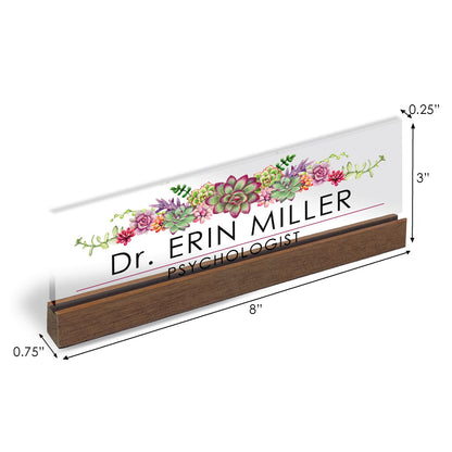Personalized Office Desk Name Plate + Business Card Holder Customized Clear Acrylic Glass with Teak Wood Stand Succulent Flowers Design