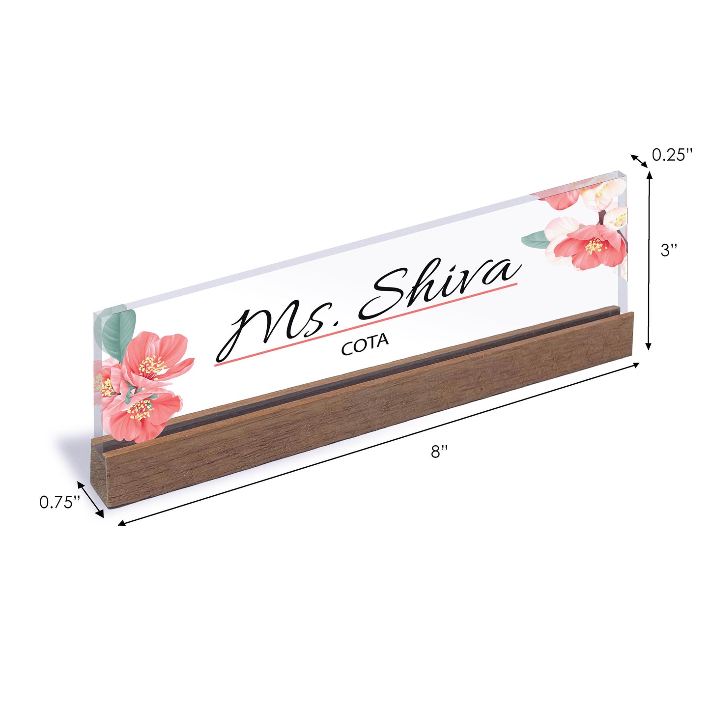 Personalized Name Plate for Desk for Modern Office Business Decor Flowers Wild Design Sign on Clear Acrylic Glass with Wooden Stand