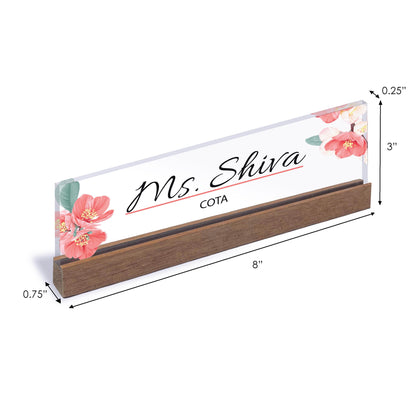 Personalized Name Plate for Desk for Modern Office Business Decor Flowers Wild Design Sign on Clear Acrylic Glass with Wooden Stand