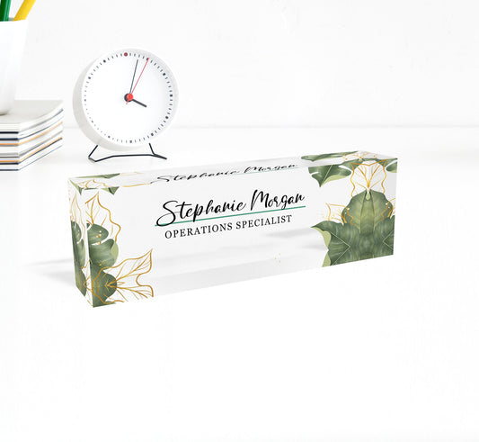 ARTBLOX | Acrylic Name Plaque for Desk, Personalized Name Plate for Desk, Desk Name Plaque, Gift Green Leaf