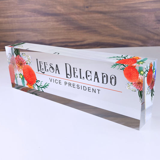 Personalized Desk Name Plate| Autumn Flowers Design Office Desk Decor On Clear Acrylic Glass | Custom Nameplate Sign | Personalized Gift