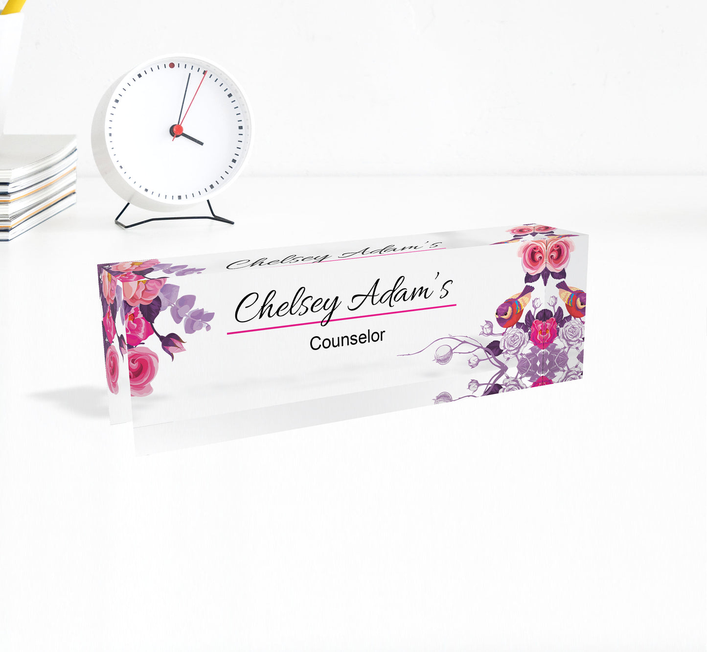 Desk Name Plate for Women, Personalized Desk Name Plate Plaque, Yellow Floral Name Plate for Desk, Clear Acrylic Name Plate