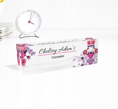Desk Name Plate for Women, Personalized Desk Name Plate Plaque, Yellow Floral Name Plate for Desk, Clear Acrylic Name Plate