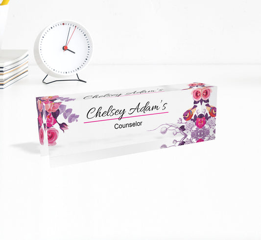 Desk Name Plate for Women, Personalized Desk Name Plate Plaque, Yellow Floral Name Plate for Desk, Clear Acrylic Name Plate