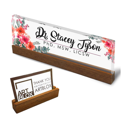 Personalized Office Desk Name Plate + Business Card Holder Customized Clear Acrylic Glass with Teak Wood Stand Mixed Flowers Design